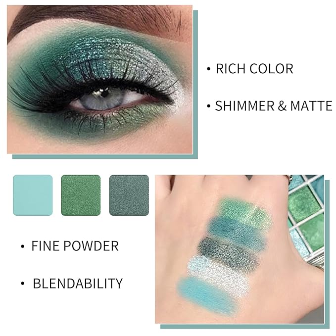 Erinde Matte Shimmer Light Deep Green Eye Shadow Palette Makeup Eyeshadow, Long Lasting Waterproof Cruelty-Free, 9 Blendable Shades Smooth Finishes Powder with Gorgeous Pearls for Girls-BrightBean Baby