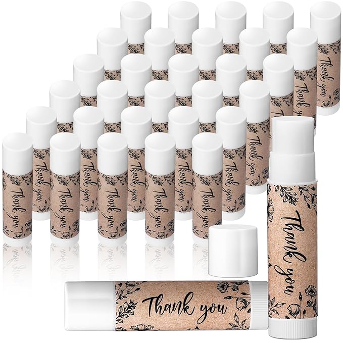 30 Pcs Thank You Lip Balms Bulk Wedding Bridal Shower Favors for Guests Wedding Souvenirs Moisturizing Floral Lip Balm Gifts for Bachelorette Party Bridesmaid Baby Shower, Classic Wood Grain-BrightBean Baby