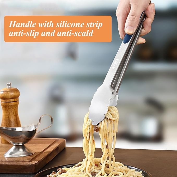 Tongs for Cooking, 12-Inch Stainless Steel Kitchen Tongs, Locking Metal Food Tongs with Silicone Non-Slip Grip, Kitchen Utensils for Food, Salad and Outdoor BBQ, Set of 4 (Midnight Blue)