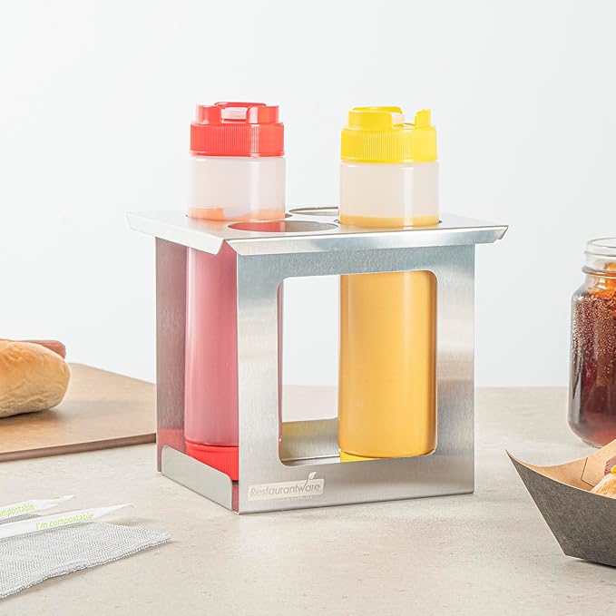 Restaurantware Squeeze Bottle Holder Pack of 1 Stainless Steel 4 Hole Bottle Holder, 2.5" Diameter Fits 1/6 Size Opening, Dishwasher Friendly Integrated Lip Design Holder for Condiment Bottles