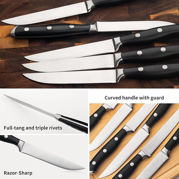 Alata 8-Piece Steak Knives Set with Acacia Block Built-in Sharpener, 4.7 Inch Non Serrated Razor-Sharp Dinner Knives, Full-Tang Construction, Dishwasher Safe