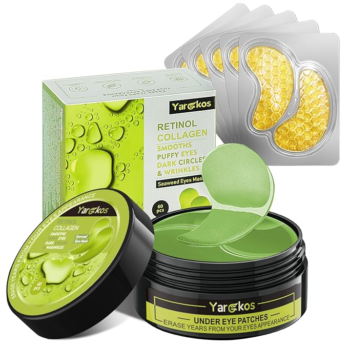 60 Pcs Green Under Eye Patches with 5 Pieces Travel 24K Gold Eye Mask, 30 Pairs Undereye Mask for Dark Circles Puffy Eye Treatment, Collagen Gel Pads Hydrating for Eye Bag Puffiness Wrinkle-BrightBean Baby