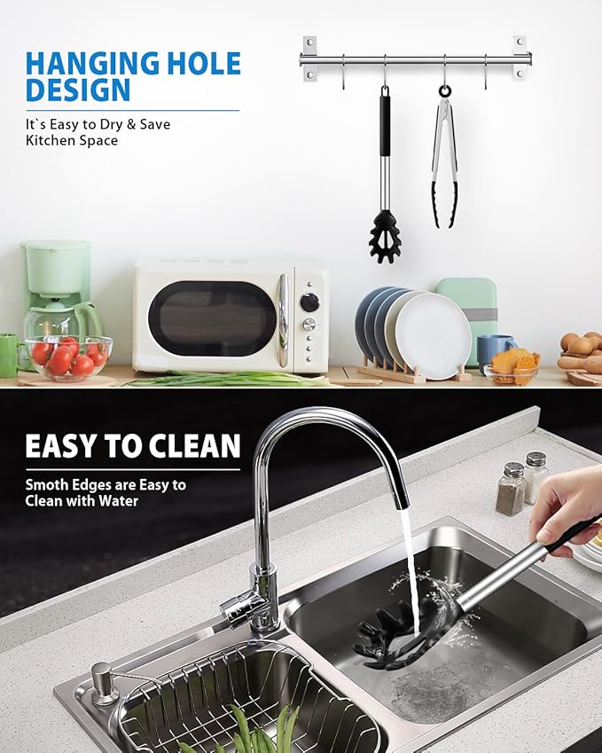 Spaghetti Spoon and Pasta Tong, Non-stick Silicone Spoon Server Fork with teeth and Stainless Steel Handle Spaghetti Tong, Food Clip for Spaghetti Noodle (BLACK)