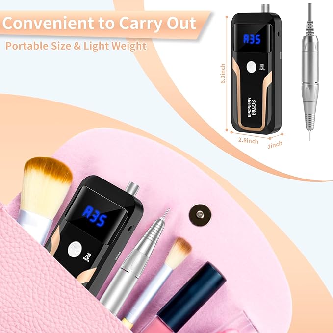 Portable Nail Drill Professional 35000 RPM, MOCOWIND Rechargeable Electric Nail File Machine for Acrylic Nails Gel Polishing Removing, Cordless E-File with Bits Kit for Manicure Salon Home, Black-BrightBean Baby