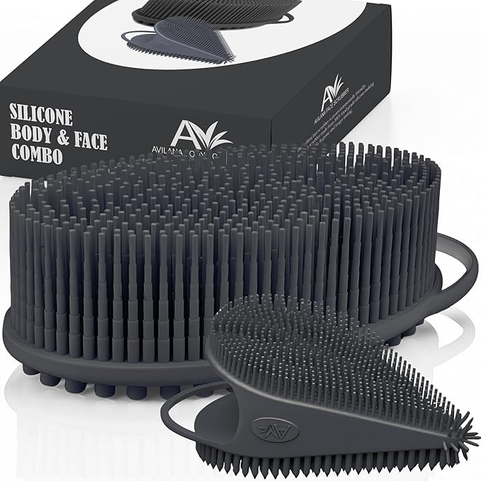 Avilana Silicone Body Scrubber – Gentle Shower Brush & Loofah Alternative- Food Grade & Lab Tested – Fast-Drying, Hygienic, BPA-Free Silicone Body Gentle Exfoliator (Dark Gray, Body & Face)-BrightBean Baby