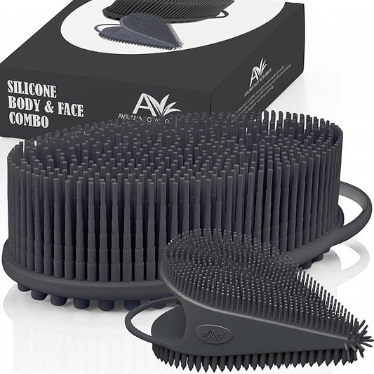Avilana Silicone Body Scrubber – Gentle Shower Brush & Loofah Alternative- Food Grade & Lab Tested – Fast-Drying, Hygienic, BPA-Free Silicone Body Gentle Exfoliator (Dark Gray, Body & Face)-BrightBean Baby
