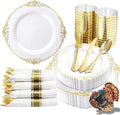 Nervure 350PCS Gold Plastic Plates - Gold Plastic Dinnerware Sets for 50 Guests - 100 Disposable Plates, 150 Silverware, 50 Cups, 50 Napkins for Wedding & Party & Thanksgiving