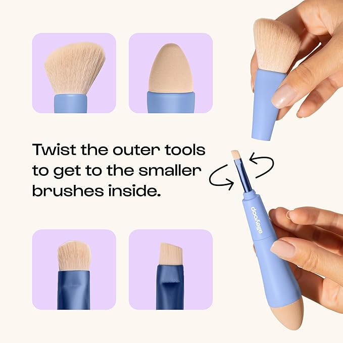 Alleyoop Multi-Tasker 4-in-1 Travel Makeup Brush Set – Compact Makeup Brushes with Blending Sponge, Eyeshadow, Eyebrow & Liner, Blush & Bronzer Brush – Mini Makeup Tools Kit for Women, Vegan-BrightBean Baby