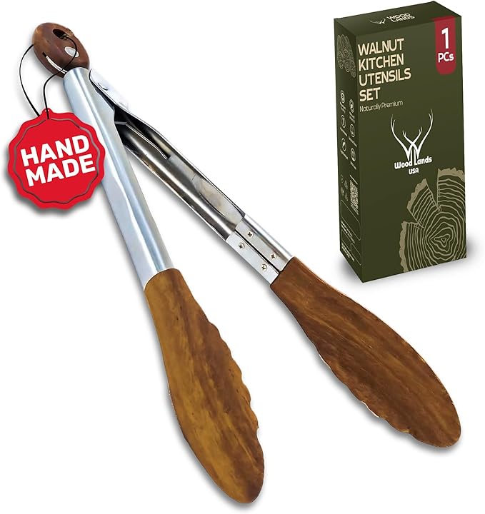 Walnut Wooden Tongs for Cooking - Premium Kitchen Set and Kitchen Utensils Tool, Heat-Resistant and Durable, Ideal Tongs for Cooking, Grilling, and Serving, (Walnut)