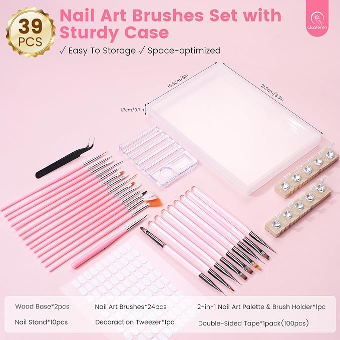 Quaferen Nail Brushes for Nail Art 39PCS Nail Brush Tools Set with Nail Stand Holder 2-in-1 Nail Art Palette Professional Acrylic Nail Brushes Kit for Beginners Home Salon-BrightBean Baby
