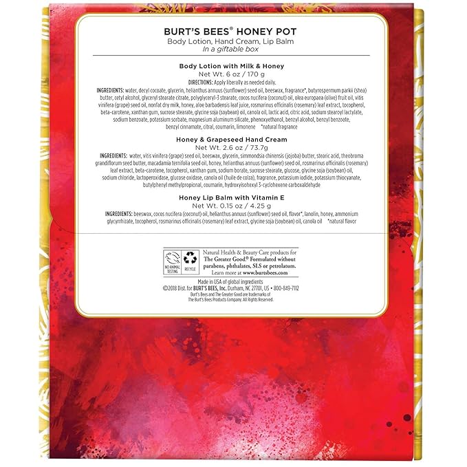 Burt's Bees Honey Pot Holiday Gift Set, 3 Honey Skin Care Products - Milk & Honey Body Lotion, Honey & Grapeseed Hand Cream and Honey Lip Balm-BrightBean Baby