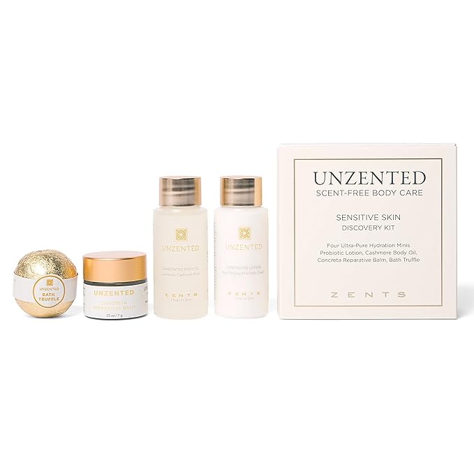 Zents Unscented 4-pc Mini Set, Moisturizing Body Care for Sensitive Skin, Gentle Enough for Eczema & Psoriasis, With Probiotic Lotion, Body Oil, Reparative Balm, and Truffle Bath Bomb-BrightBean Baby
