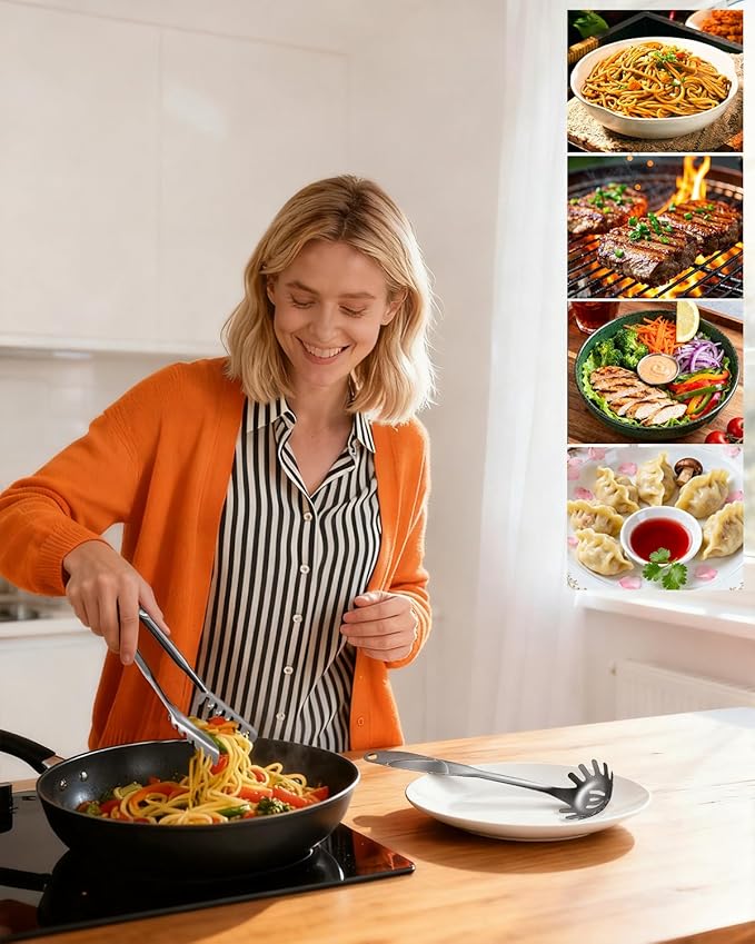 Spaghetti Spoon and Pasta Tong with Grip Teeth and Drain Holes, 2-Piece Large Spaghetti Utensil, Comfortable Grip Design for Cooking, Serving, Salad and Noodles, Stainless Steel