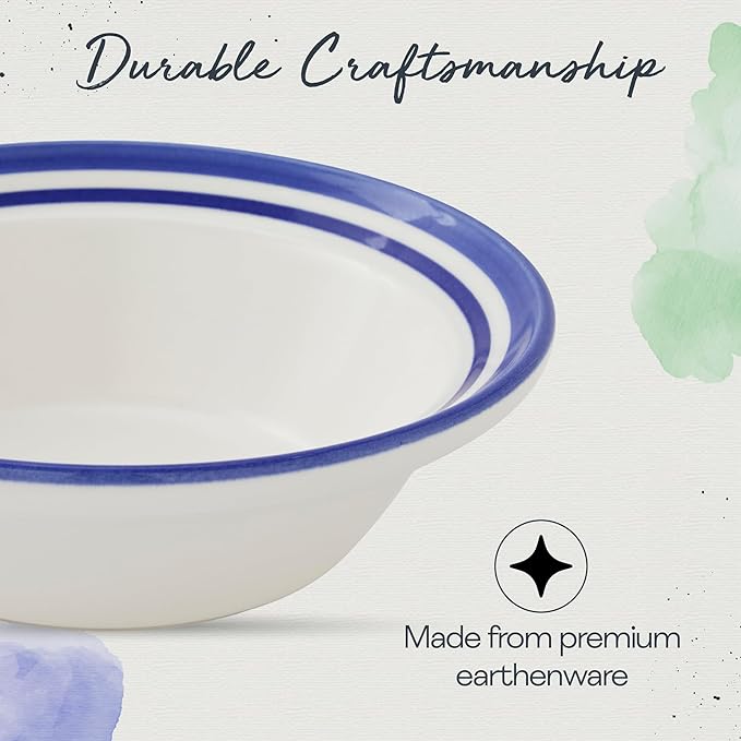 Portmeirion Potter's Stripe Oatmeal Bowl (Set of 4) - Ideal for Porridge, Soup, Desserts - Microwave & Dishwasher Safe Earthenware Bowls, Durable Dishware Collection - Made in UK (Blue Stripe)