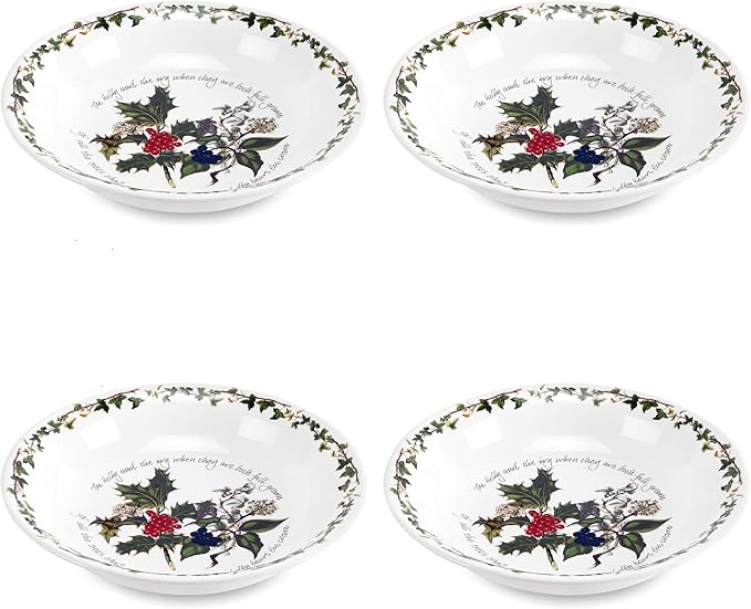 Portmeirion Holly and Ivy 8.5-Inch Pasta Bowls (Set of 4) - Holiday Earthenware for Christmas Feasts, Ideal for Serving Salad, Soups, Desserts - Microwave, Dishwasher Safe - Seasonal Tableware