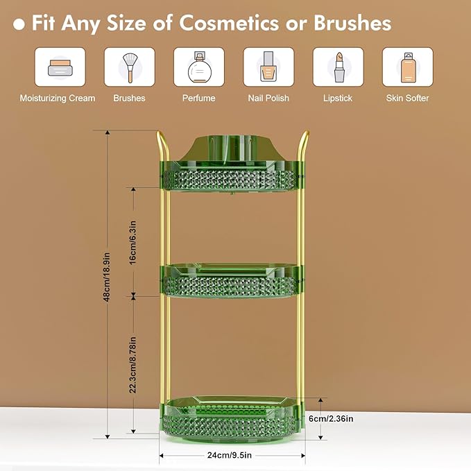 Awenia Rotating Makeup Organizer 360, Stackable Adjustable Large Capacity Cosmetic Storage Unit,Dresser Bathroom Kitchen Countertop Organizer with Metal Handle, Plus Size (Gem Green, 3 Tier)-BrightBean Baby