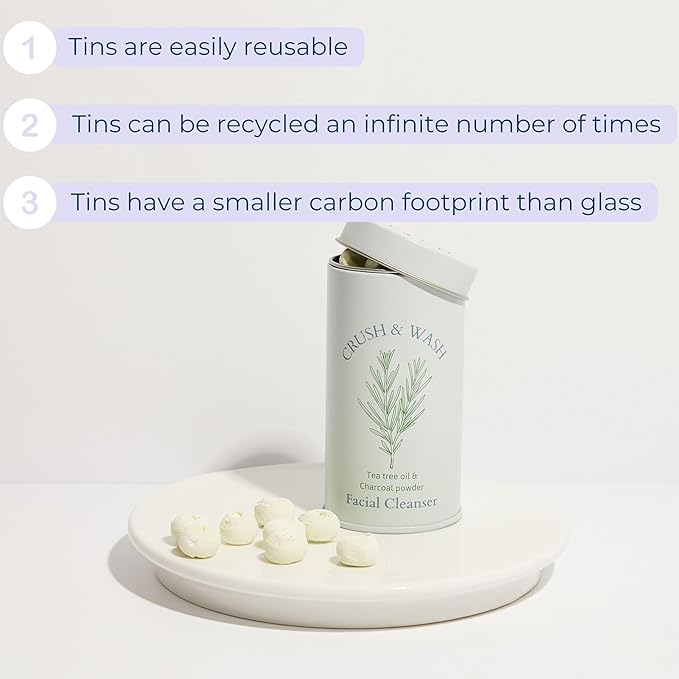 3-in-1 Solid Facial Cleanser, Exfoliator, and Wash-off Mask - Vegan, Cruelty-Free, Plastic-Free, Travel-Friendly, 1 Month Supply (60 Crushable Tablets) in Tin (Calming Beans in Tin)-BrightBean Baby