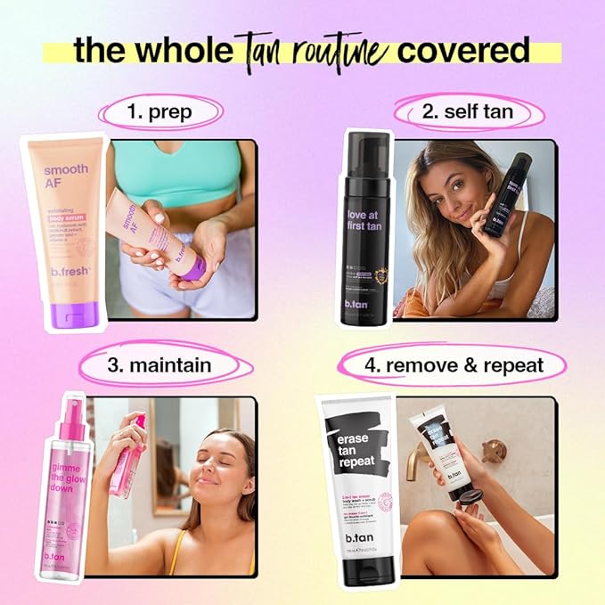 b.tan Violet Base Self Tanner Mousse | Love At First Tan - Best, 1 Hour Express Sunless Tanning Foam, Cancels Orange Tones, Dark Bronzing Glow, No Fake Tan Smell, Face & Body, 6.7 Fl Oz-BrightBean Baby