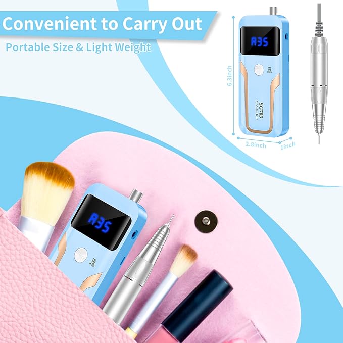 Portable Nail Drill Professional, 35000 RPM Rechargeable Electric Nail File Machine E File for Acrylic Nails Gel Polishing Removing, Cordless E-file with Bits Kit for Manicure Salon Home,Blue-BrightBean Baby