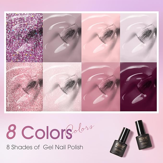 ROSALIND Pink Purple Gel Nail Polish Set, 8 Colors Pink Glitter Gray Gel Polish, Gentle Pink Elegant Purple Classic Gel Polish Collection Nail Art Gift DIY at Home-BrightBean Baby