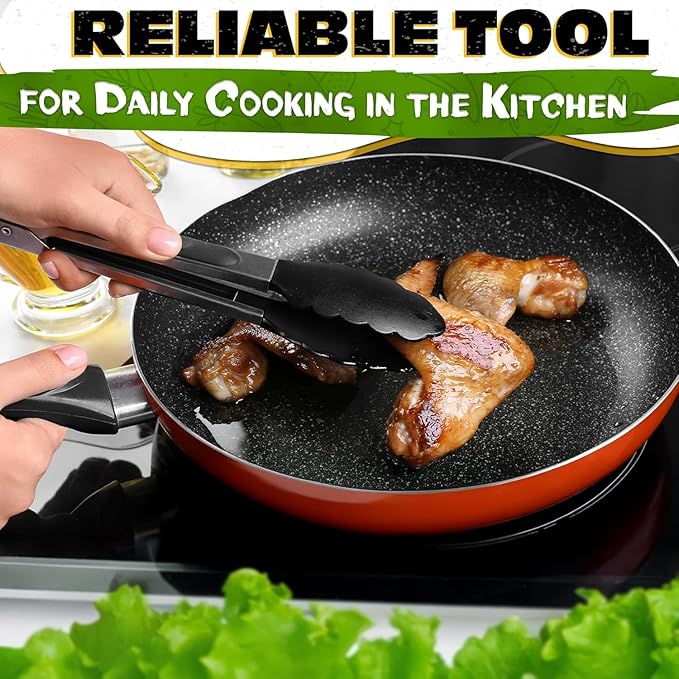 3Pcs Kitchen Tongs with Silicone Tips - Tong Set 7/9/12" | Silicone Tongs for Cooking Heat Resistant, High Temperature, Non Stick, Built-In Lock Ring - Stainless Steel Kitchen Utensils for Cooking