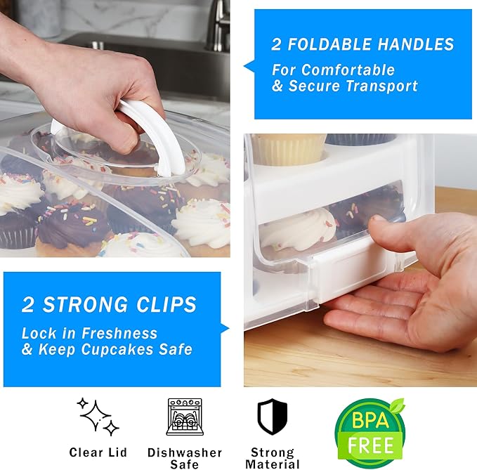 EXTRA TALL Cupcake Carrier 24 Count, 24 Cupcake Holder with Lid -Spacious 3.5” Tall Tiers Accommodate 24 Tall Frosted Cupcakes, Won't Smush! Cupcakes Containers Muffin Storage Container/ Muffin Holder