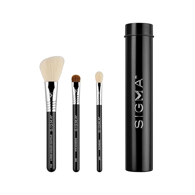 Sigma Beauty Travel Essential Trio - Makeup Brush Set for Foundation Powder Eyeshadow - 3 Tool Brushes with Brush Tin Holder - Skin Safe, Vegan Makeup Brushes for Travel - Black-BrightBean Baby