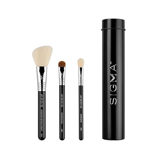 Sigma Beauty Travel Essential Trio - Makeup Brush Set for Foundation Powder Eyeshadow - 3 Tool Brushes with Brush Tin Holder - Skin Safe, Vegan Makeup Brushes for Travel - Black-BrightBean Baby