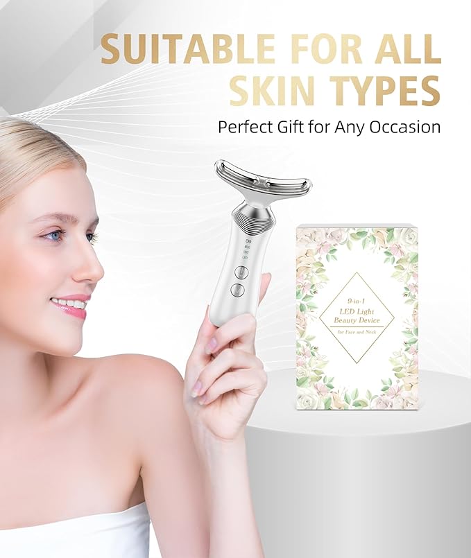 9-in-1 Red-Light-Therapy-for-Face-and-Neck, Portable Facial Massager Tool with Adjustable Vibration & Thermals for Wrinkles, Double Chin, White-BrightBean Baby