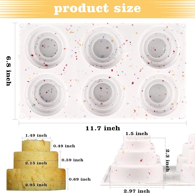 Sakolla 2 Pack 3 Tier Mini Cake Molds, BPA Free 6 Cavity Silicone Cakepop Molds Shapes for Baking Cake Pop, Cakesicle, Brownie and Mousse (Confetti)