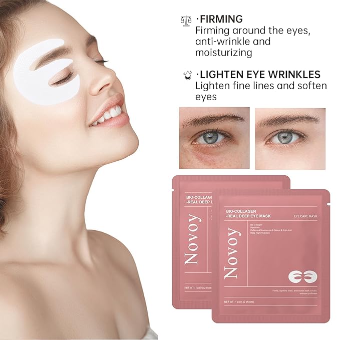 Novoy 15 Pairs Bio-Collagen Real Deep Eye Patches - 6-in-1 Retinol Overnight Eye Patches for Dark Circles, Puffiness & Wrinkles | 2% Caffeine+Hyaluronic+Niacinamide, Korean Popular Eye Mask - ROSE-BrightBean Baby