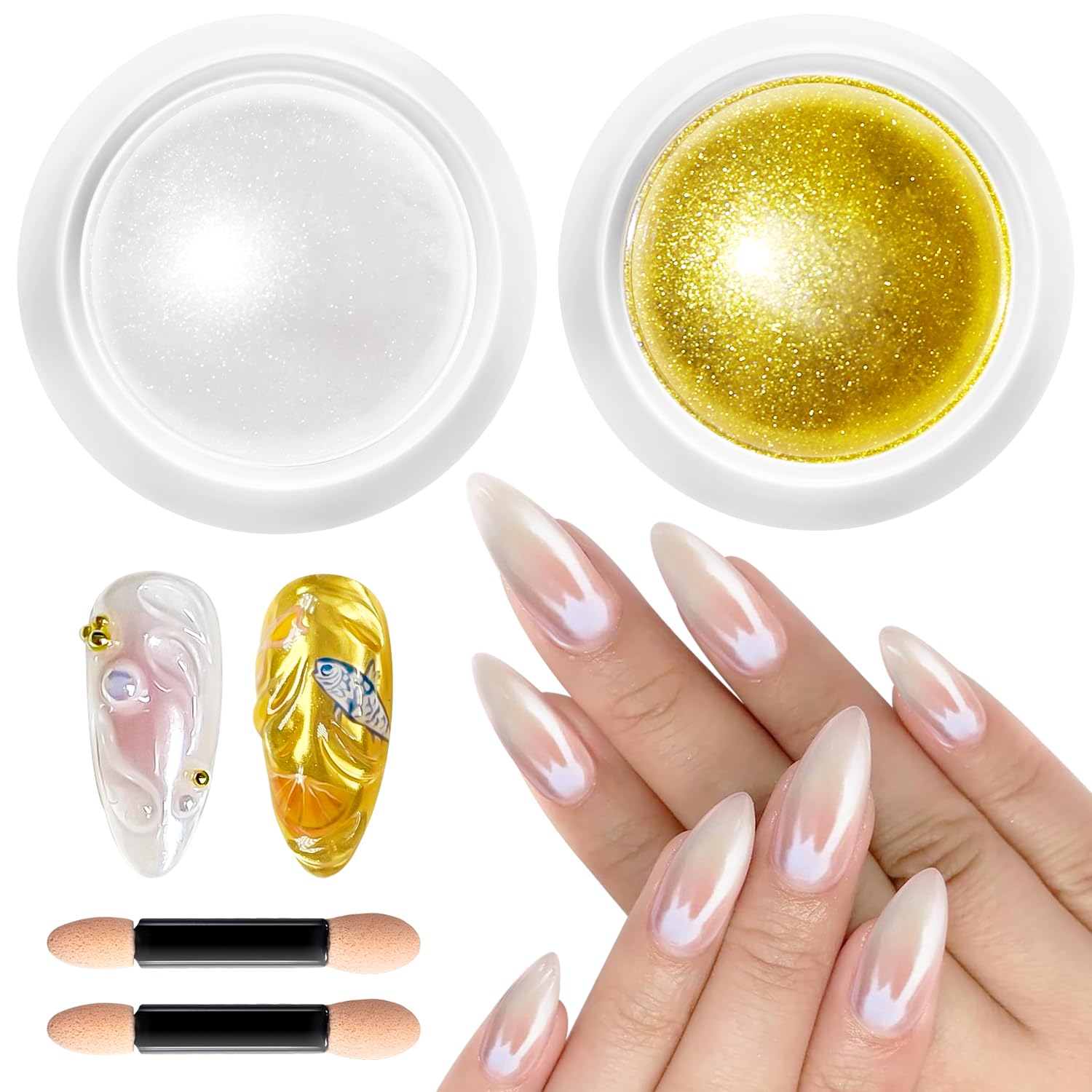 Gold Chrome Nail Powder BISHENGYF -【Magic Mirror Effect】 Pearl Chrome Nail Powder White Clear Aurora Mermaid Iridescent Nail Chrome Powder Pigment Glitter Dust for Manicure Decoation DIY-BrightBean Baby