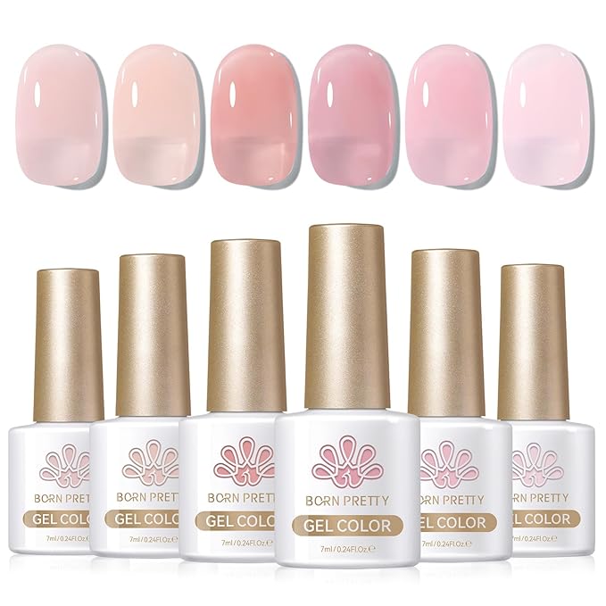 Born Pretty Jelly Pink Gel Nail Polish Set,Nude Pink Translucent Gel Polish,6 Transparent Sheer Colors Soak Off U V Light Cure Gel Polish Kit Nail Art Manicure DIY Kit Home Salon 7ML-BrightBean Baby