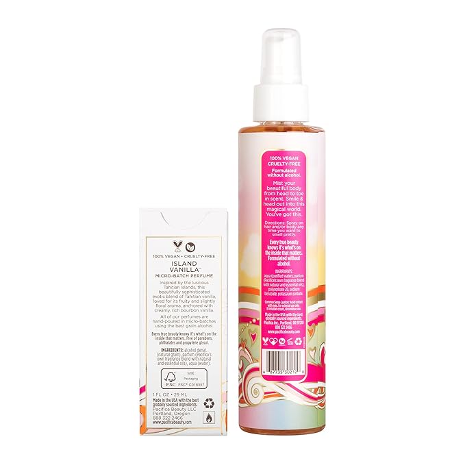 Pacifica Island Vanilla Spray Perfume & Hair and Body Mist Set – Tahitian Vanilla Clean Fragrance Duo, Essential Oil Blend, Alcohol-Free Hair/Body Mist Clean Beauty 100% Vegan & Cruelty-Free-BrightBean Baby