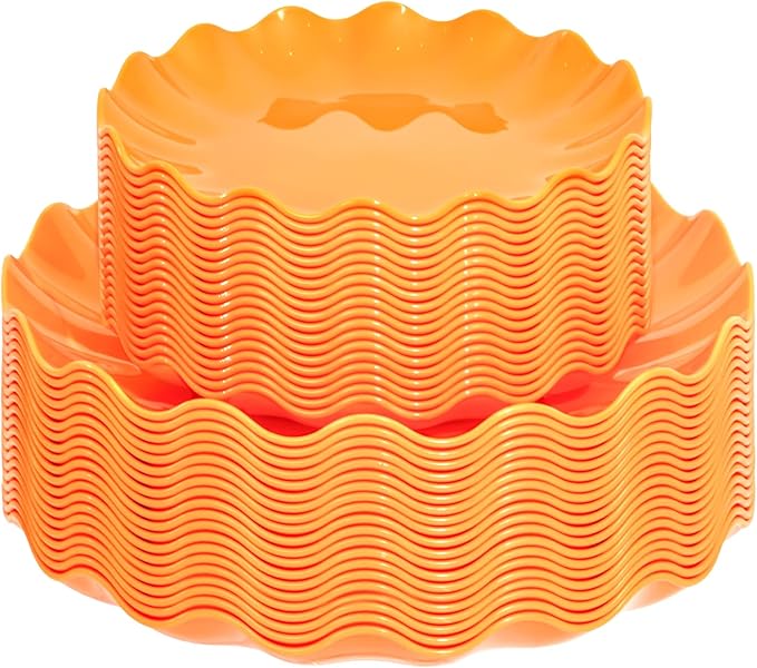 LIYH 50 Pcs Heavy Duty Thanksgiving Plates Orange Scalloped Plastic Plates Reusable Unbreakable Halloween Plastic Plate for Thanksgiving & Halloween Day, Dishwasher Safe BPA Free (25Guests)