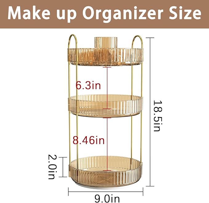 Rotating Makeup Organizer for Vanity, High-Capacity Skincare Clear Make Up Storage Perfume Organizers Cosmetic Dresser Organizer Countertop 360 Spinning (Gold, New-3 Tier)-BrightBean Baby