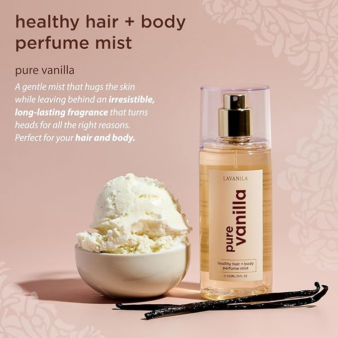 Lavanila Pure Vanilla Healthy Hair + Body Perfume Mist, 5 Fl Oz - Sweet & Warm Fragrance Spray Formulated with Jojoba Oil, Madagascar Vanilla, Tonka Bean, Heliotrope-BrightBean Baby