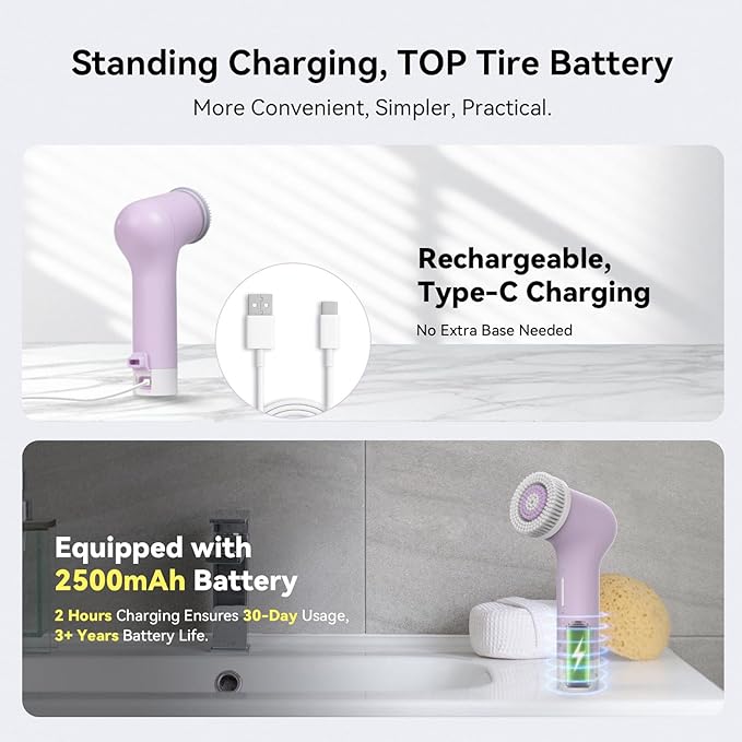 Electric Facial Cleansing Brush - Rechargeable Silicone Face Scrubber exfoliator,Face Pore Cleansing Brush,3 Speeds,Waterproof, Exfoliating & Massage,for Women & Men.for Face Skin Issues,Purple-BrightBean Baby