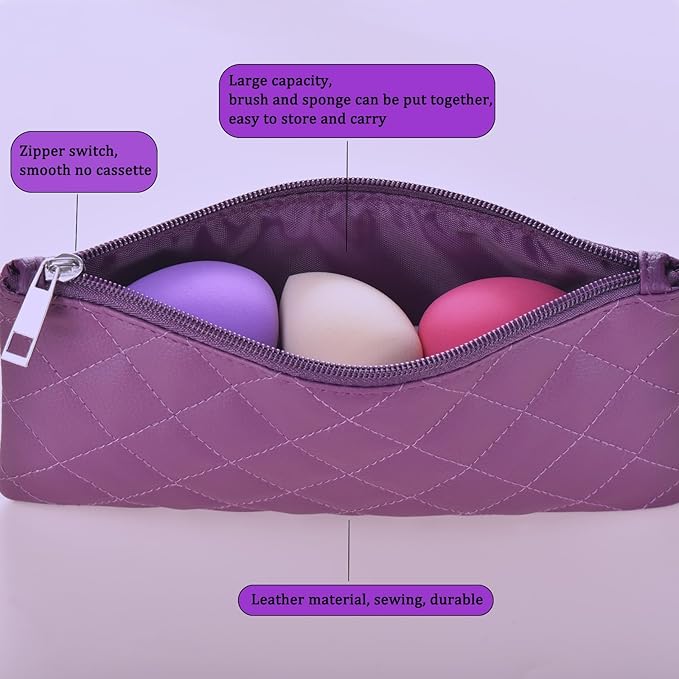 10 Piece Purple Makeup Brushes Set and 3 Piece Makeup Sponge - Wooden Handle with Soft Synthetic Bristles, for Face & Eye Makeup | Professional Cosmetic Brushes | Includes Travel Pouch-BrightBean Baby