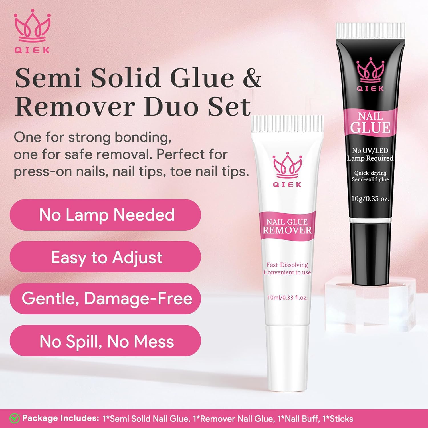 No-Lamp Nail Glue & Remover Set for Press Ons, 10ml Quick Dry 28 Days Super Strong Hold Glue on Nails, 10g Gentle Easy Removal with Tools Set for Beginner DIY Home, Not for Gel Polish Base Coat-BrightBean Baby