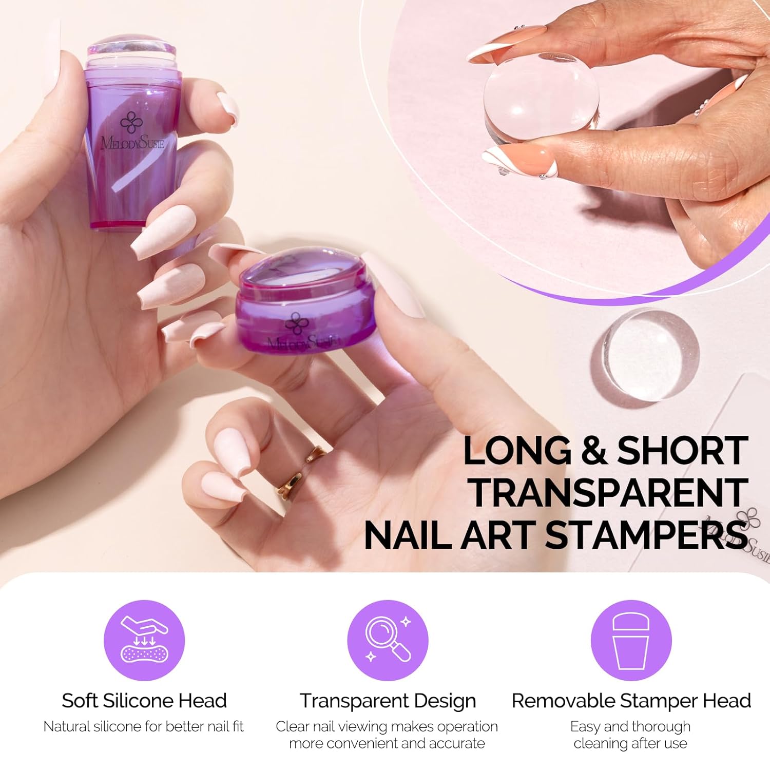MelodySusie French Nail Stamper, Nail Stamper Kit, Silicone Nail Stamp, Long and Short Stampers with Scrapers, 4PCS Nail Stamper Tool for French Manicure DIY Home Nail Design Salon, Purple-BrightBean Baby