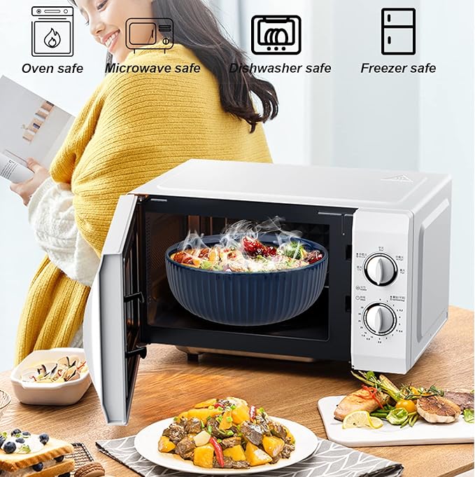 Extra Large Salad Bowl, 2800ml Ceramic Fruit Bowl, Stylish Navy Blue Round Vertical Stripe Soup Bowl, Serving Bowl for Salad, Fruit, Noodle, Soup(23.5x8.8cm, 95oz)