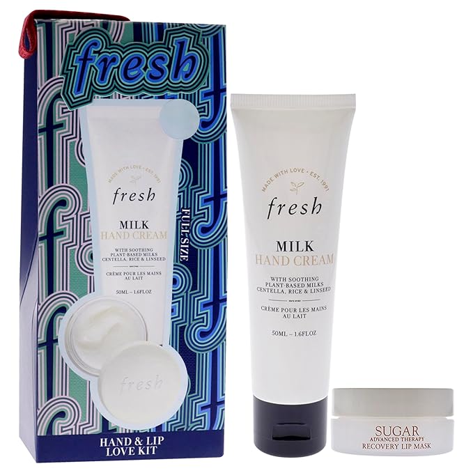 Fresh Hand And Lip Love Kit for Women - 2 Pc 1.6oz Milk Intensive Hand Cream, 0.3oz Sugar Recovery Lip Mask Advanced Therapy-BrightBean Baby