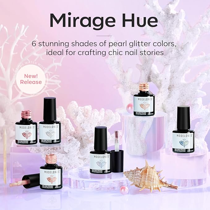 modelones Pearl Gel Nail Polish, 6 Colors Shimmer Glitter Iridescent White Nude Blue Pink Mermaid Nail Drawing Soak Off Gel Polish Swirl Shell Thread Effect Gift DIY at Home with Dotting Pen-BrightBean Baby