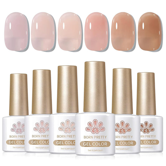 Born Pretty Jelly Nude Gel Nail Polish Set,Nude Clear Gel Nail Polish Sheer Crystal Transparent Gel Polish Soak Off U V Light Cure Gel Polish Kit Nail Art Manicure DIY Salon Home 6PCS 7 ML-BrightBean Baby
