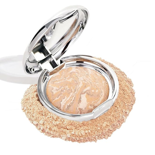 Marbleized Baked Foundation Makeup, Balance and Brighten Color Correcting Powder Foundation - Buildable Light to Medium Coverage - Demi-Matte Natural Finish (#002 LIGHT, 0.32 Oz)-BrightBean Baby
