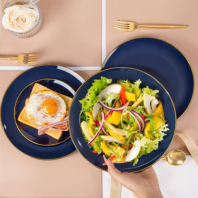 bUCLA 100PCS Blue Plastic Plates - Navy Blue Disposable with Gold Rim, Include 50 Each (10 inch Dinner & 7 inch Dessert) Plates, Ideal for Party