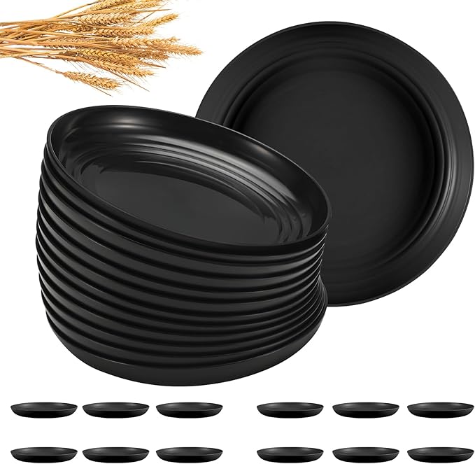 12 Pcs Unbreakable Deep Dessert Plates Set, 8 inch Reusable Plastic Wheat Straw Plates, Microwave and Dishwasher Safe Plate for Kitchen, Lightweight Plate for Dessert, BPA Free, Black