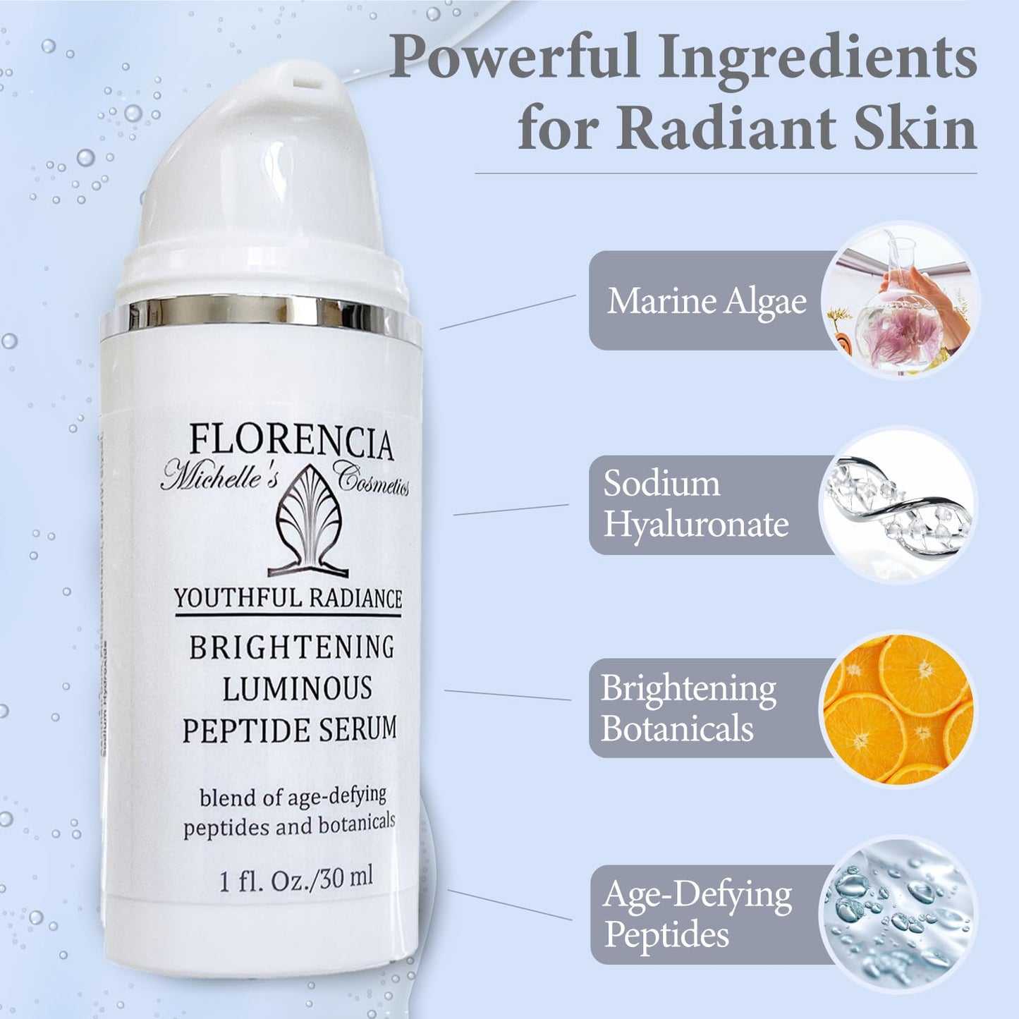 Florencia Brightening Luminous Peptide Serum - Age-Defying Face Serum with Peptides, Sodium Hyaluronate & Organic Botanicals – Helps to Reduce Wrinkles, Illuminate Complexion, 1 Oz-BrightBean Baby