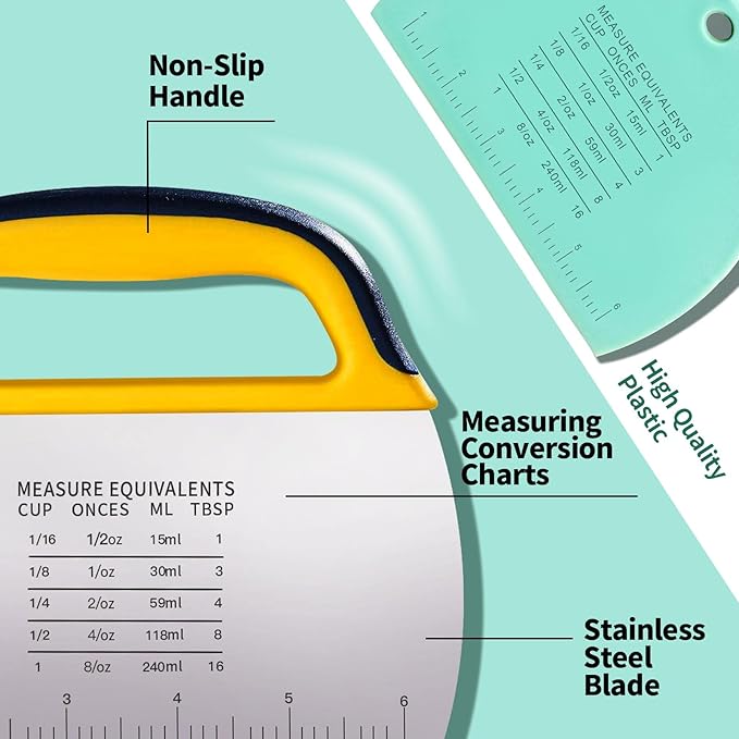 YGDZ Dough Scraper 2 PCS, Stainless Steel Bench Scraper With Grip, Plastic Dough Cutter with Measuring Scale, Multipurpose Pizza Cutter, Pastry Scraper, Bread Scraper for Baking, Dough, Cake